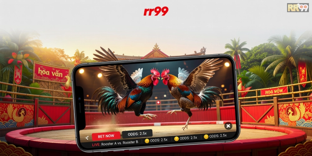 Minh họa khái niệm đá gà online rr99 với giao diện nền tảng hiện đại và hình ảnh trận đấu sống động