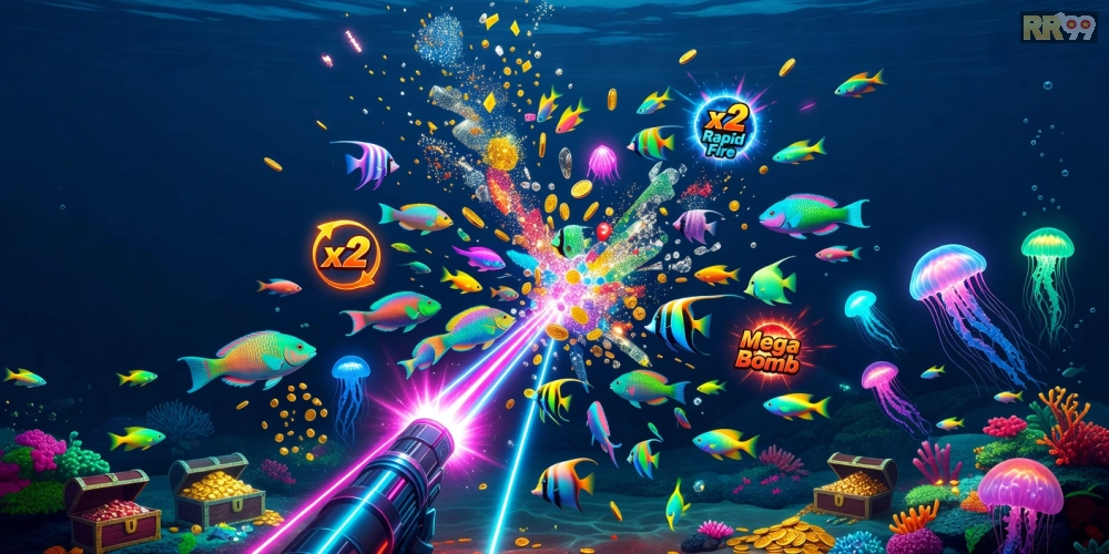 Hình ảnh gameplay game bắn cá online rr99 với hiệu ứng nổ tung cá đầy màu sắc
