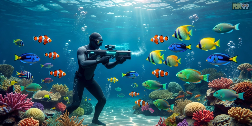 Minh họa khái niệm game bắn cá online rr99 với hình ảnh đại dương đầy cá sặc sỡ và người chơi cầm súng bắn
