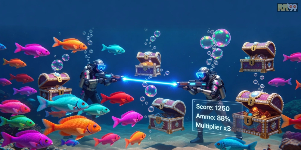 Hình minh họa giao diện game bắn cá rr99 với cá đa dạng và súng bắn