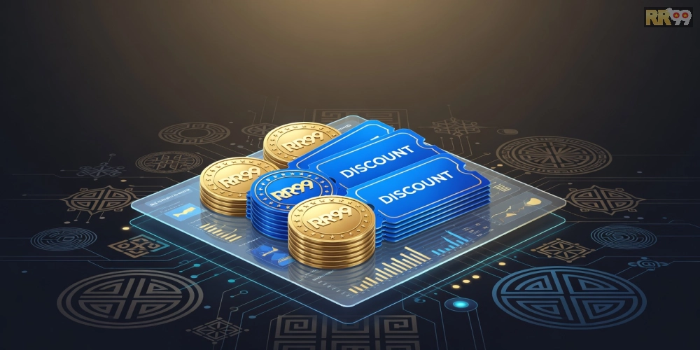 Hình minh họa khái niệm chương trình khuyến mãi RR99 với biểu tượng thưởng hấp dẫn và nền tảng kỹ thuật số