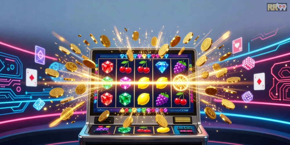 Hình minh họa khái niệm nổ hũ đổi thưởng rr99 với các biểu tượng slot machine
