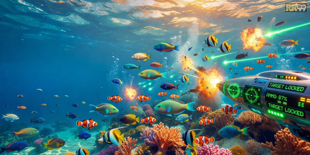 Hình ảnh đại dương sống động trong game bắn cá rr99 với cá lớn và hiệu ứng nổ