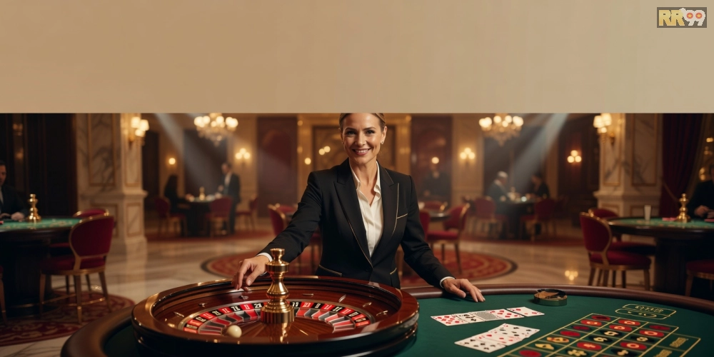 Minh họa khái niệm trực tiếp casino rr99 với giao diện live streaming hiện đại và dealer chuyên nghiệp