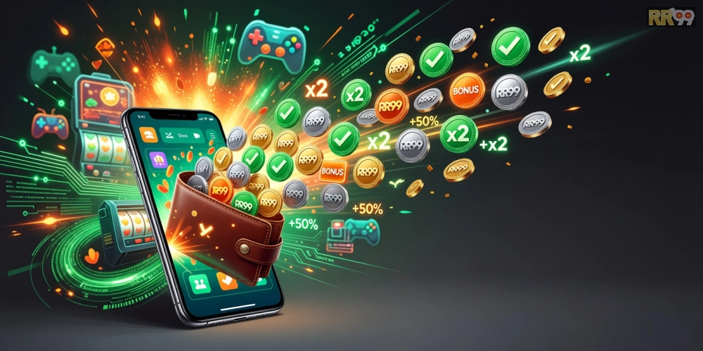 Hình ảnh minh họa ưu đãi thưởng nạp đầu tiên với biểu tượng tiền thưởng nhân đôi trên nền tảng RR99