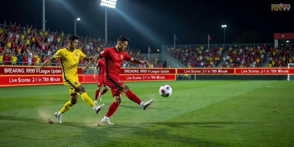 Giao diện cập nhật tin V-League trên RR99 với hình ảnh sân cỏ sống động